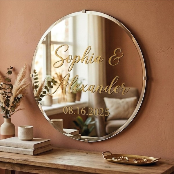Vinilo adhesivo personalizado para letrero de bienvenida de boda, pegatina personalizada para espejo, nombres y fecha.