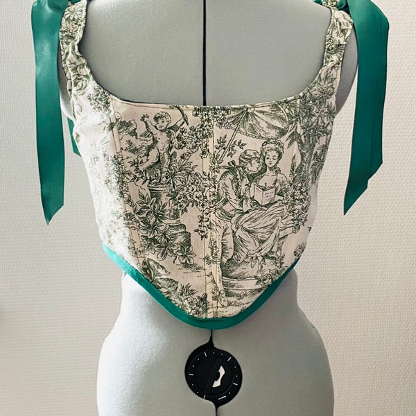 Corset Handmade Pommelien en toile de jouy beige et vert