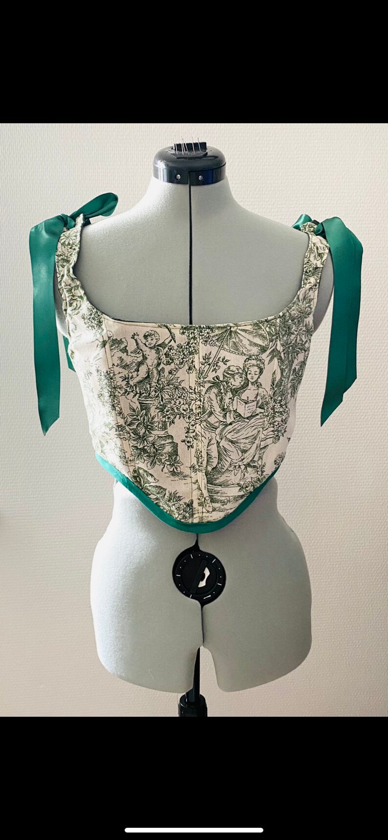 Corset Handmade Pommelien en toile de jouy beige et vert image 1