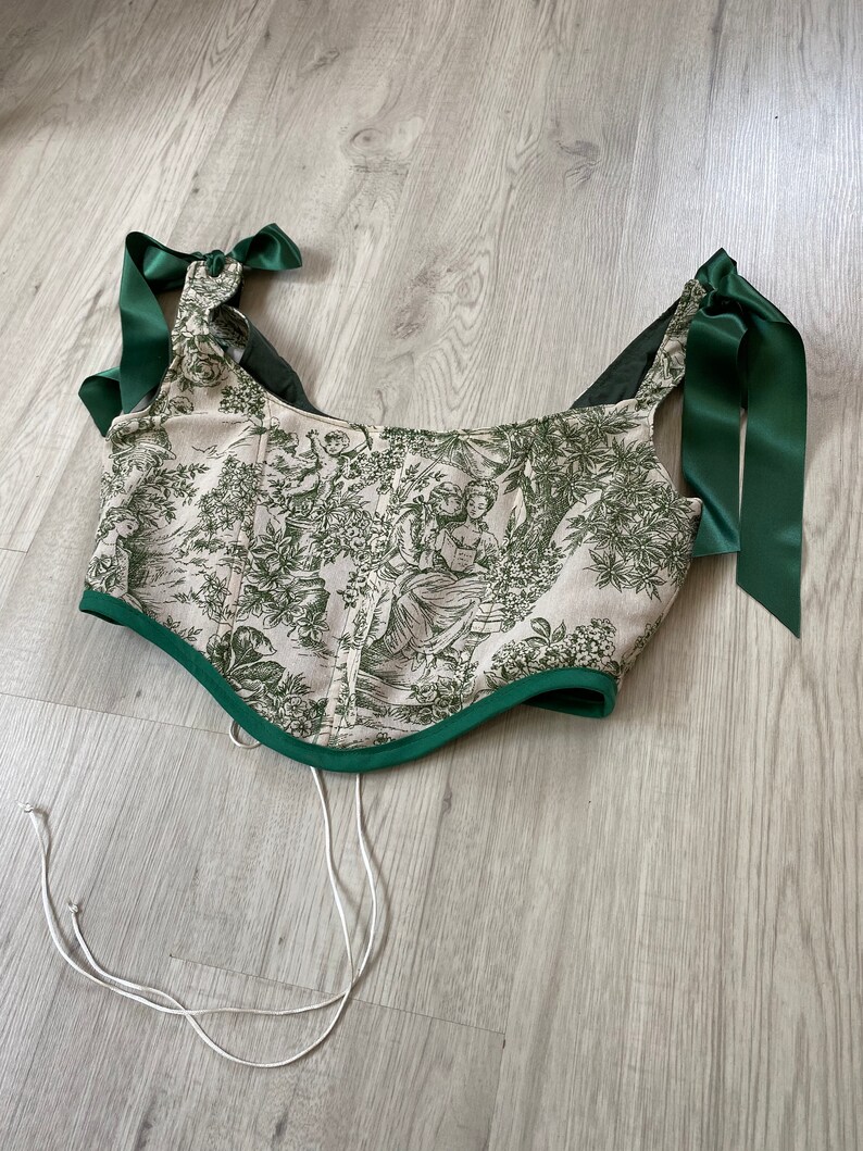 Corset Handmade Pommelien en toile de jouy beige et vert image 3