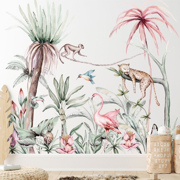 Tropical Jungle Leaf Animal Wall Mural - Monkey Flamingo Leopard Bird Animal Wall Decal - Nursery Wall Stickers by Dizzy Duck