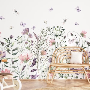 Pink Purple Floral Wall Decal Bottom Border - Summer Flower Wall Sticker for Nursery Girls Bedroom Wall Decoration by Dizzy Duck Designs