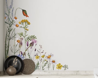 2x Botanical Meadow Flower Wall Decal Corners - Easy Peel and Stick Watercolour Tropical Leaf Wall Stickers by Dizzy Duck Designs