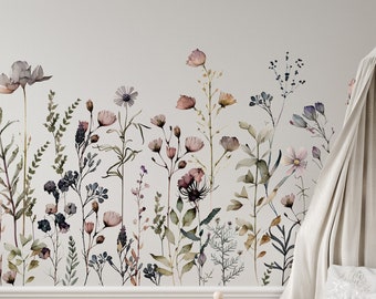 Magical Botanical Flower Wall Decal Border (Bottom) - Easy to Apply Peel and Stick Floral Wall Stickers for Nursery Wall Decor