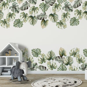 Tropical WALL DECAL Border - Nursery Wall Decal - Watercolour Green Jungle Plant Monstera Leaves Wall Sticker by Dizzy Duck