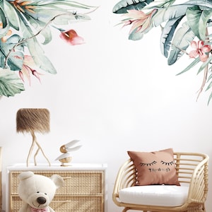 Green Leaves Rainforest Wall Decal Corner - Peel and Stick Tropical Leaf Nursery Wall Sticker by Dizzy Duck