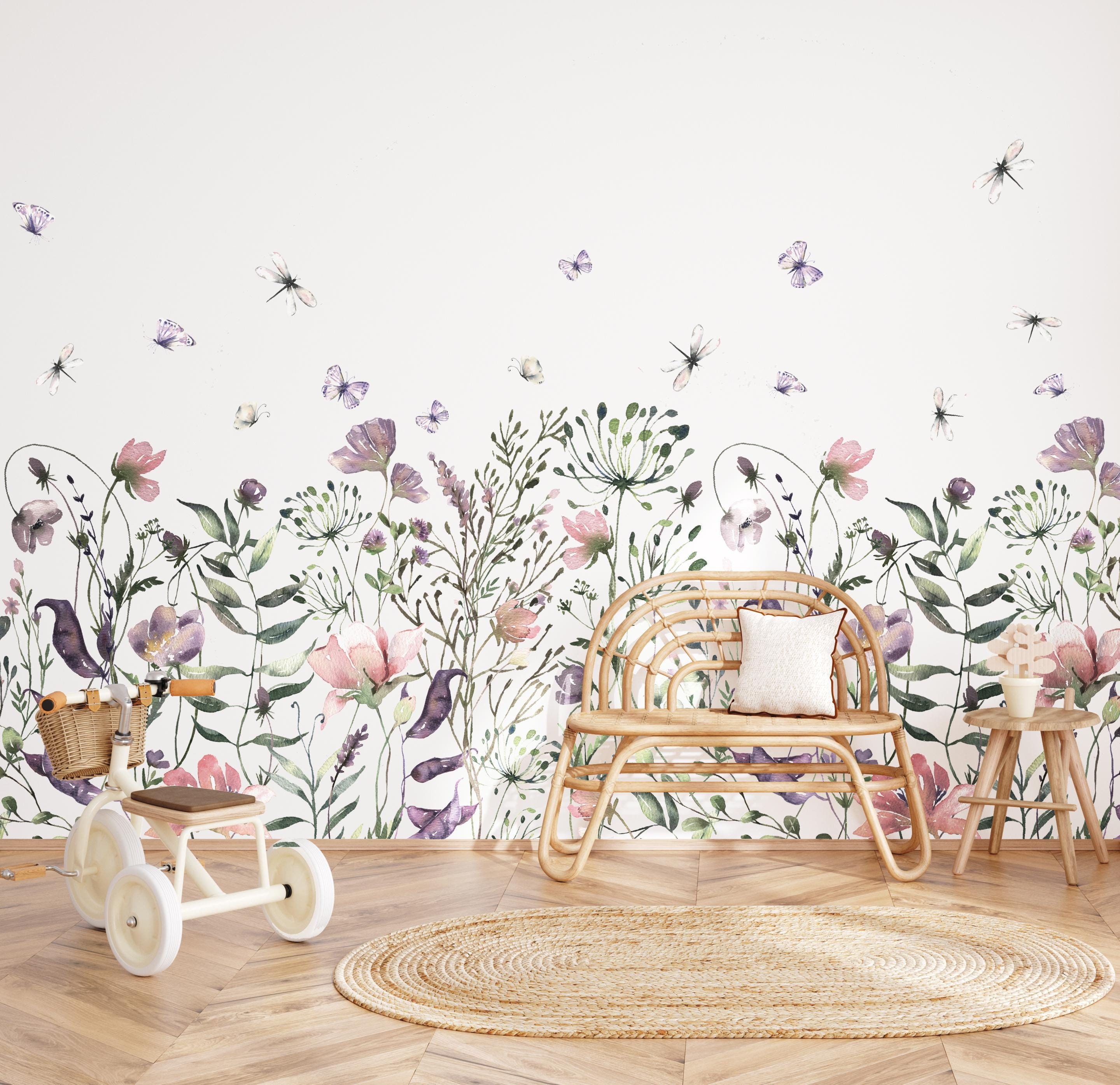 Pink Purple Floral Wall Decal Bottom Border - Summer Flower Wall Sticker for Nursery Girls Bedroom Wall Decoration by Dizzy Duck Designs