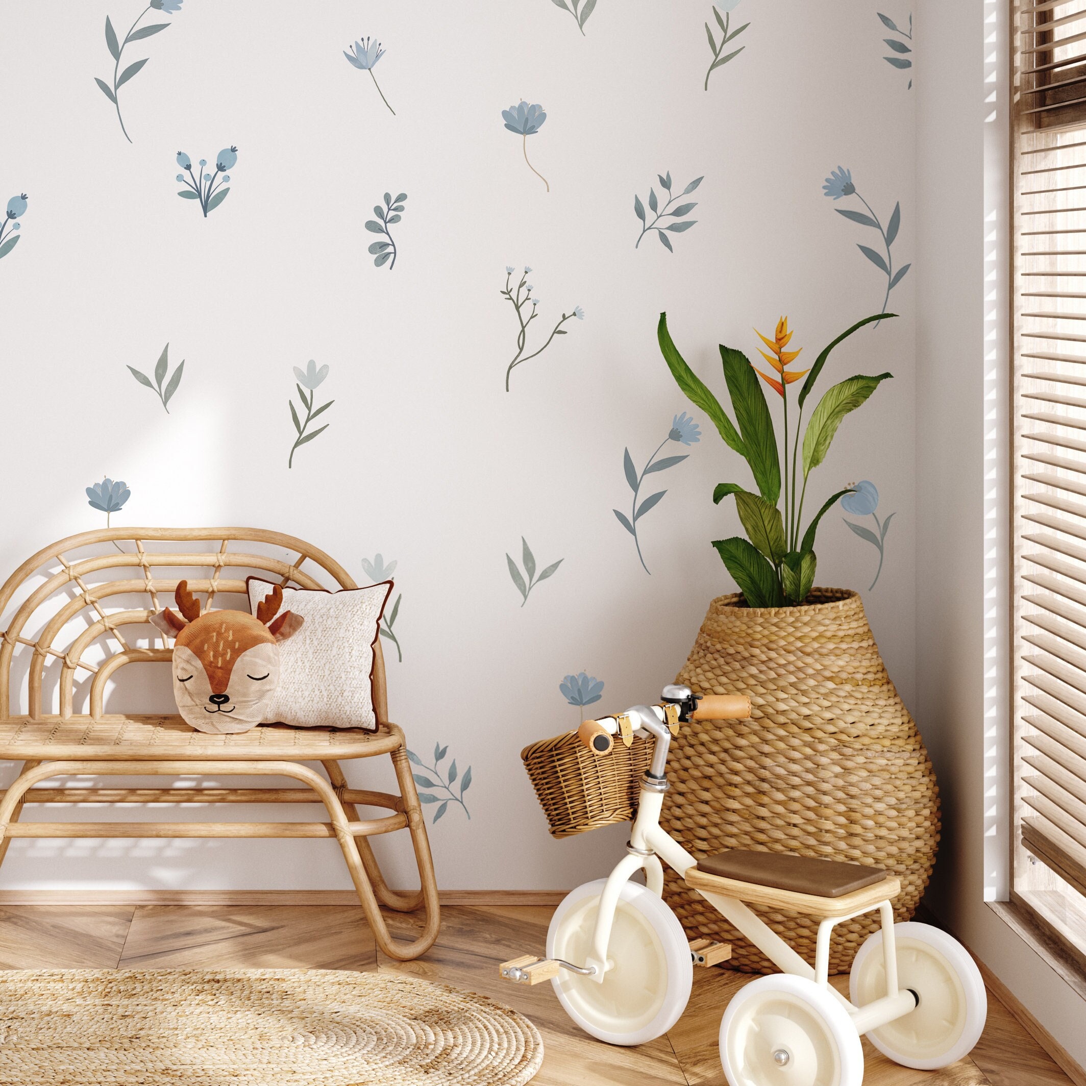 WALL STICKERS - 30 Blue Flower Wall Decals Set for Girls Room Décor - Botanical Watercolour Nursery Wall Decor by Dizzy Duck