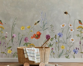 Botanical Meadow Flower Wall Decal Border - Easy to Apply Peel and Stick Floral Wall Stickers for Nursery Wall Decoration and Decor