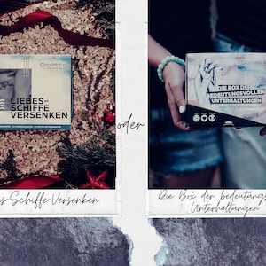 May include: Two boxes with different designs. The first box is blue and features the text "Liebes-Schiffe Versenken". The second box is black and features the text "Die Box der bedeutungsvollen Unterhaltungen".
