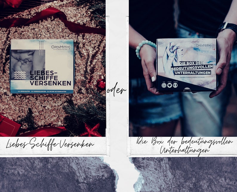 May include: Two boxes with different designs. The first box is blue and features the text "Liebes-Schiffe Versenken". The second box is black and features the text "Die Box der bedeutungsvollen Unterhaltungen".