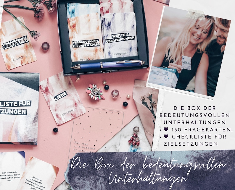 May include: A box of conversation starter cards with a pink background. The box contains 130 question cards and a checklist for goal setting. The text on the box reads "Die Box der bedeutungsvollen Unterhaltungen".