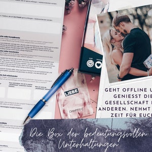 May include: A couple embraces in a photo with the text "Go offline and enjoy the company of others. Take time for yourselves!"  The box in the photo has the text "The box of meaningful conversations".