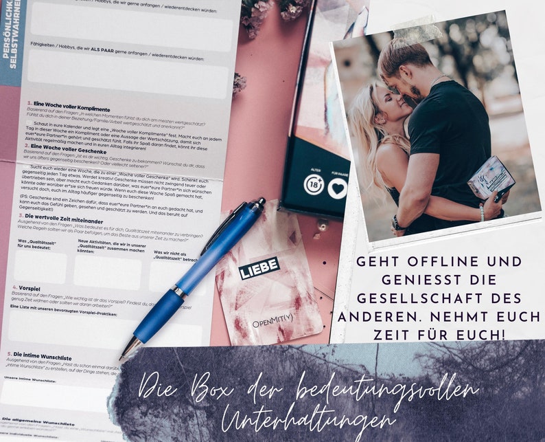 May include: A couple embraces in a photo with the text "Go offline and enjoy the company of others. Take time for yourselves!"  The box in the photo has the text "The box of meaningful conversations".