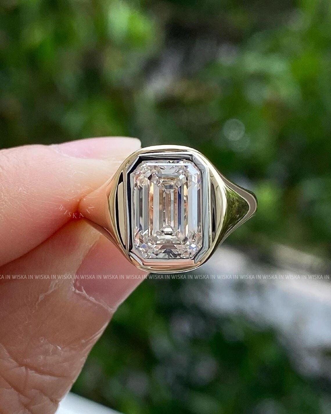 Bezel Set 3CT Emerald Cut Moissanite Engagement Ring, Solitaire Engagement Ring, Channel Set Ring, Bezel Set Ring Chunky Mini Dome Gold Ring
