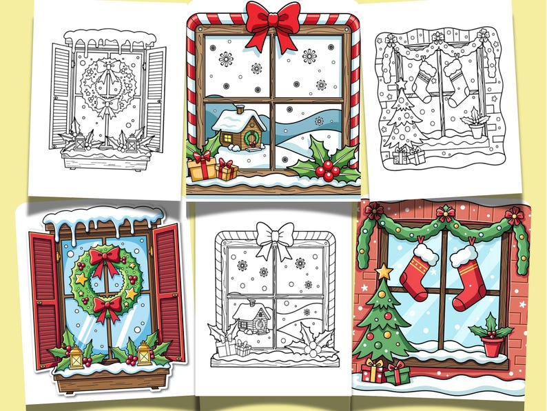 Christmas Window Coloring Pages | Easy Winter Scene Coloring | Simple ...