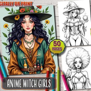 Anime Witch Girls Coloring Book: 50 Manga Fantasy Pages (Printable PDF)