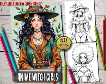 Anime Witch Girls Coloring Book: 50 Manga Fantasy Pages (Printable PDF)