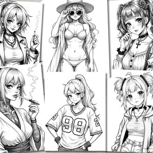 May include: A digital illustration of six different anime characters. Each character is drawn in black and white and has a unique style. The characters are all female and have different hairstyles and clothing.