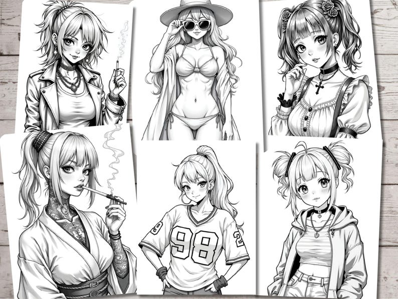May include: A digital illustration of six different anime characters. Each character is drawn in black and white and has a unique style. The characters are all female and have different hairstyles and clothing.