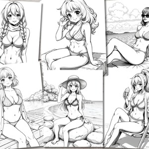 May include: Black and white line art illustration of five women in various poses wearing swimsuits. The women are all drawn in a manga style with large eyes and long hair. The illustrations are set against a variety of backgrounds, including a beach, a dock, and a grassy area.