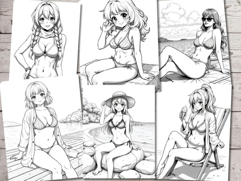 May include: Black and white line art illustration of five women in various poses wearing swimsuits. The women are all drawn in a manga style with large eyes and long hair. The illustrations are set against a variety of backgrounds, including a beach, a dock, and a grassy area.
