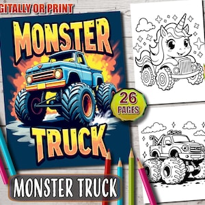Libro para colorear de camiones monstruo kawaii, camiones de ruedas grandes lindos y divertidos para niños, contornos fáciles y llamativos, adorables vehículos de dibujos animados para colorear