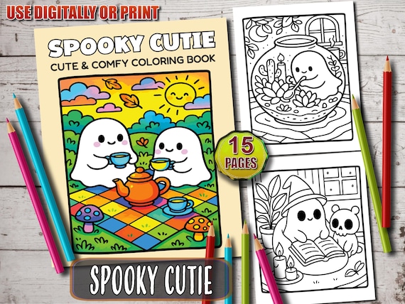 Cozy Spooky Coloring Book, Fun Printable Art for Kids & Adults, Cute and Creepy Hygge Coloring Pages, Bold and Easy Coloring Book