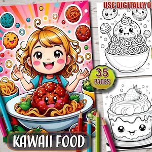 Puede incluir: Un libro para colorear con ilustraciones de comida kawaii. La portada muestra a una ni&ntilde;a con cabello rubio sosteniendo un plato de espaguetis con una alb&oacute;ndiga sonriente. El texto "Kawaii Food" est&aacute; en la parte inferior de la portada. El libro tiene 35 p&aacute;ginas.