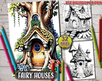 Fairy Houses Coloring Book,Instant Download Coloring Book, Printable PDF, Morning Fairy Houses Coloring Pages, Grayscale Coloring sheets