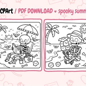 以下が含まれることがあります： 不気味な夏のテーマの白黒デジタルイラスト。ビーチで本を読む骸骨と、アイスクリームを食べる骸骨が描かれています。「ADCPart / PDF DOWNLOAD - spooky summer」のテキストが画像上部にあります。