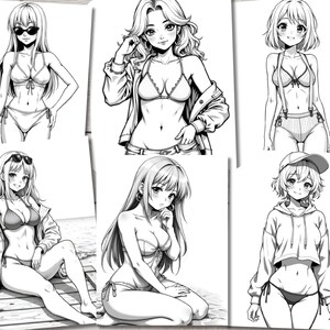 Anime Bikini Girls Coloring Book, Cute Manga Fantasy Anime Coloring Pages for Adults, Instant Download, Printable PDF, Grayscale Digital Art image 7