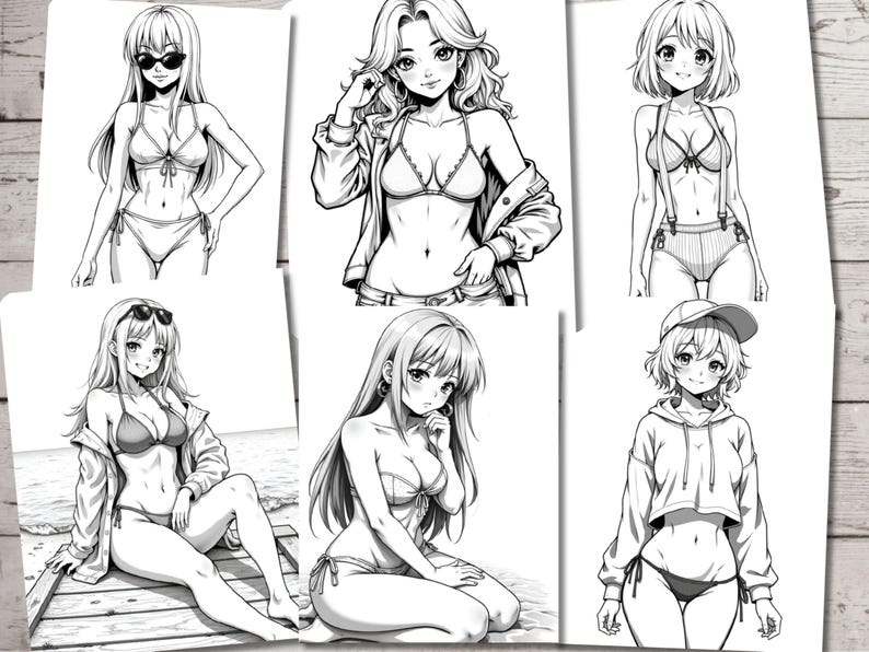 Anime Bikini Girls Coloring Book, Cute Manga Fantasy Anime Coloring Pages for Adults, Instant Download, Printable PDF, Grayscale Digital Art image 7