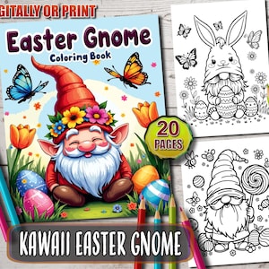 Op de afbeelding: Een kleurboek met een schattig kabouter met een rode muts en een bloemenkrans. De kabouter houdt een mandje met paaseieren vast. Het boek heeft 20 pagina's en heeft de titel "Easter Gnome Coloring Book" en "Kawaii Easter Gnome".