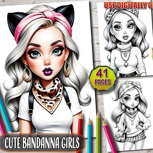 Charming Bandanna Girls Coloring Pages, cute bandanna girls Coloring Book, 41 Delightful Character Concepts, Grayscale Sheets, Printable PDF