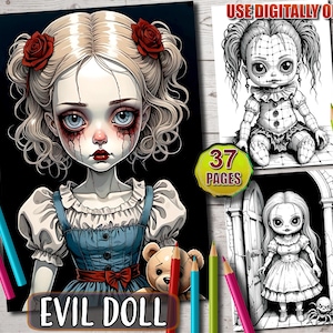 Evil Doll Coloring Pages: 37 Creepy Grayscale Designs (Instant Download)