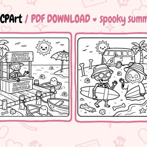 以下が含まれることがあります： 不気味な夏のテーマの白黒デジタルアート。1つのパネルは、ビーチでレンタルスタンドを経営するスケルトンを示しています。もう1つのパネルは、サーフボードとビーチのバンを持つスケルトンを描いています。「ADCArt / PDF DOWNLOAD」と「spooky summer」というテキストが含まれています。