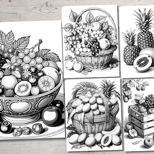 Peut inclure: Une illustration en noir et blanc d'une nature morte avec des fruits. L'illustration repr&eacute;sente un bol d&eacute;bordant de raisins, de myrtilles, de framboises, de p&ecirc;ches, de kiwis et d'un citron. Le bol est pos&eacute; sur une table avec une p&ecirc;che, une pomme et une myrtille au premier plan.