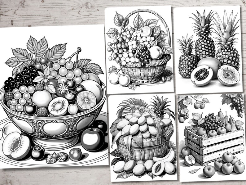 Peut inclure: Une illustration en noir et blanc d'une nature morte avec des fruits. L'illustration repr&eacute;sente un bol d&eacute;bordant de raisins, de myrtilles, de framboises, de p&ecirc;ches, de kiwis et d'un citron. Le bol est pos&eacute; sur une table avec une p&ecirc;che, une pomme et une myrtille au premier plan.