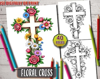 Floral Crosses Coloring Book: 40 Grayscale Pages (PDF Download)