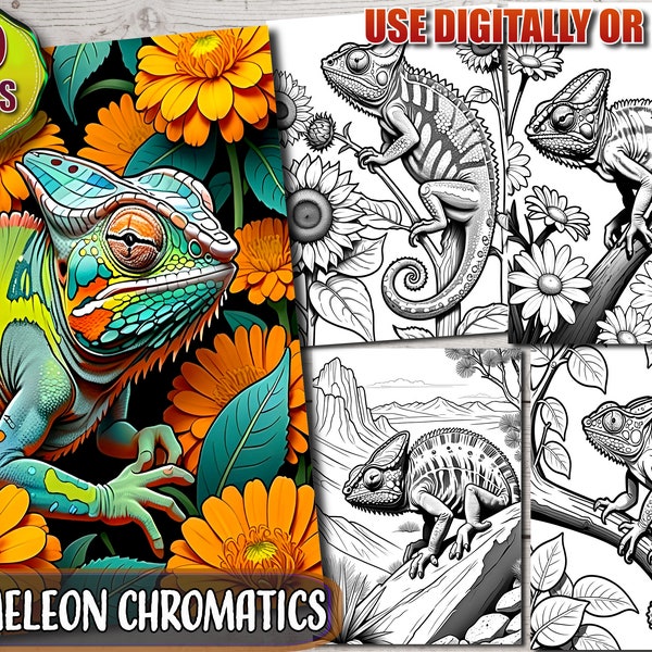 Chameleon Chromatics Coloring Pages, Printable PDF, Flowers & Serpents Coloring Pages, Grayscale Coloring sheets