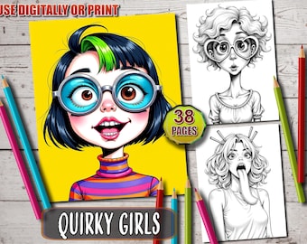 Quirky Girls Grayscale Coloring Book: 38 Printable PDF Pages