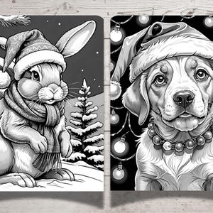 May include: Two black and white illustrations of animals wearing Santa hats. The first image shows a rabbit wearing a Santa hat and scarf in a snowy winter scene. The second image shows a dog wearing a Santa hat and a beaded necklace in a scene with Christmas lights.