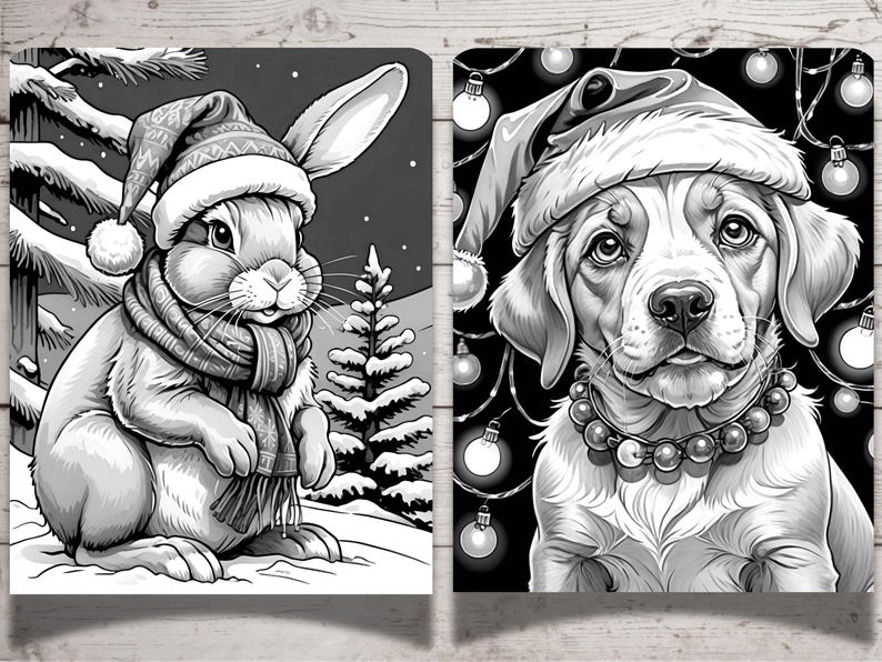 May include: Two black and white illustrations of animals wearing Santa hats. The first image shows a rabbit wearing a Santa hat and scarf in a snowy winter scene. The second image shows a dog wearing a Santa hat and a beaded necklace in a scene with Christmas lights.