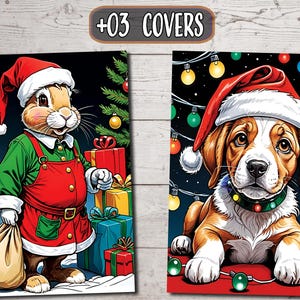 May include: Two Christmas-themed illustrations. The first features a brown rabbit wearing a red Santa hat and green and red elf costume, holding a sack and standing in front of a Christmas tree and presents. The second illustration features a brown and white dog wearing a red Santa hat, sitting in front of a Christmas tree with lights and presents.