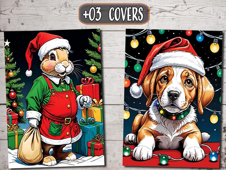 May include: Two Christmas-themed illustrations. The first features a brown rabbit wearing a red Santa hat and green and red elf costume, holding a sack and standing in front of a Christmas tree and presents. The second illustration features a brown and white dog wearing a red Santa hat, sitting in front of a Christmas tree with lights and presents.