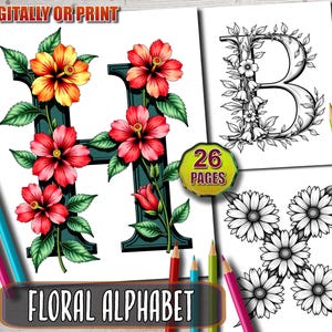 Alphabet floral à colorier de A à Z - Livre de coloriage floral imprimable pour adultes et enfants - Livre de coloriage fleurs - PDF à téléchargement immédiat