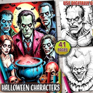 41 Halloween Horror Postacie Kolorowanki: Zombie, Wiedźmy, Klauni i Więcej, Straszne Wzory, Arkusze Kolorowanki W Skali Szarości, Natychmiastowe Pobieranie