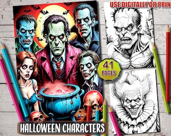May include: A coloring book featuring 41 pages of Halloween characters. The cover features a group of spooky characters including a vampire, a zombie, a witch, and a monster. The text "USE DIGITALLY OR PRINT" and "HALLOWEEN CHARACTERS" is visible on the cover.