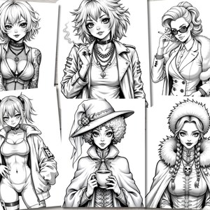 May include: A digital illustration of six different women with various hairstyles and clothing styles. Each woman is drawn in a black and white style.